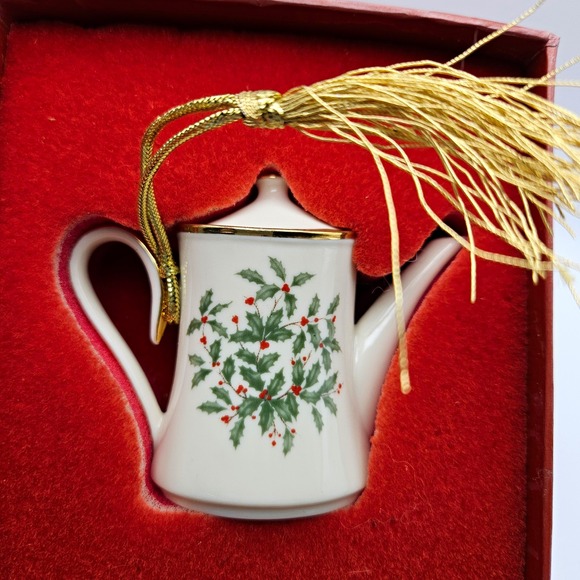 Lenox Other - Lenox Christmas Teapot Hanging Ornament White Gold Holly - Thailand